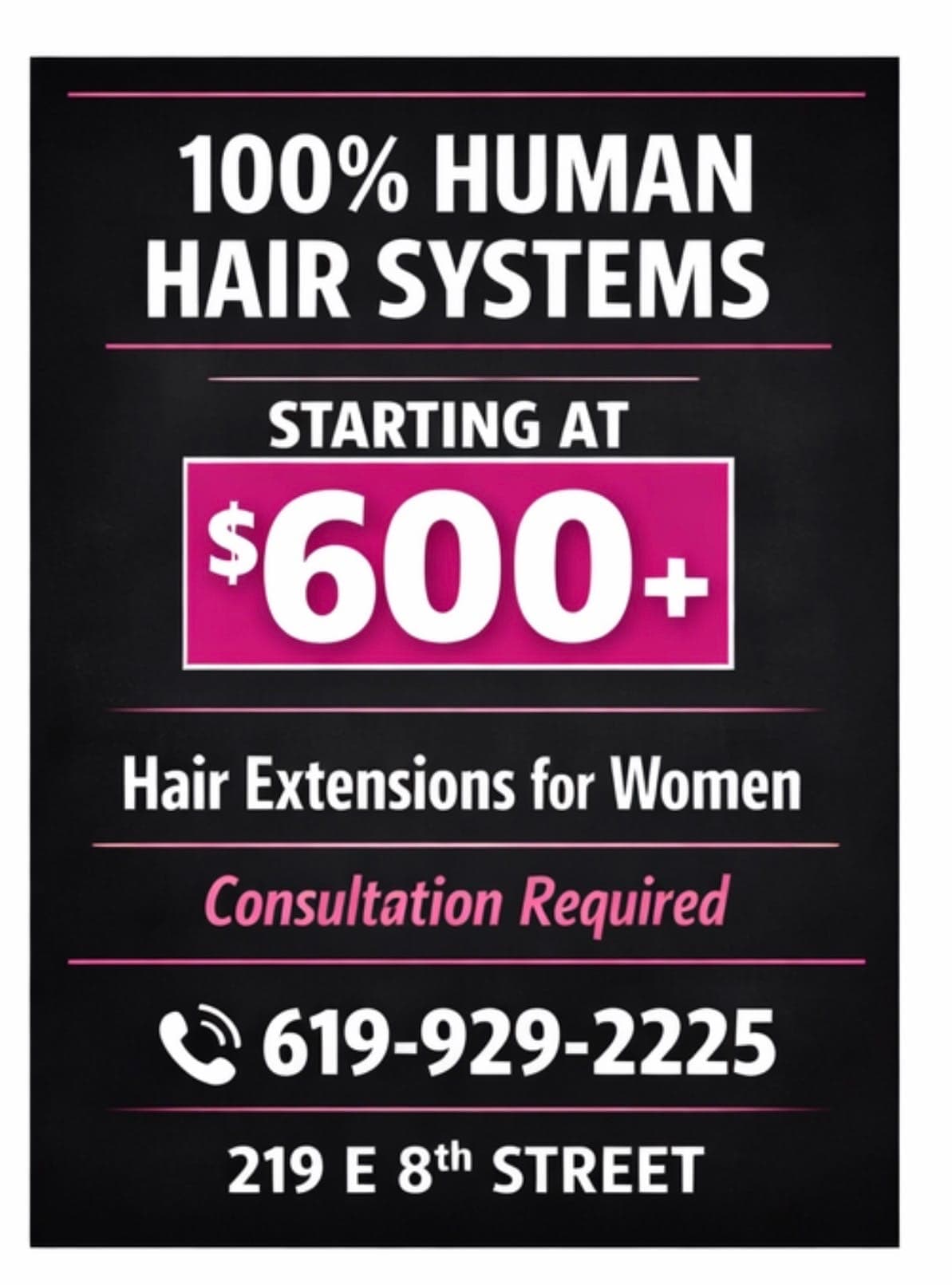 100% human hair extensions price card starting at $600