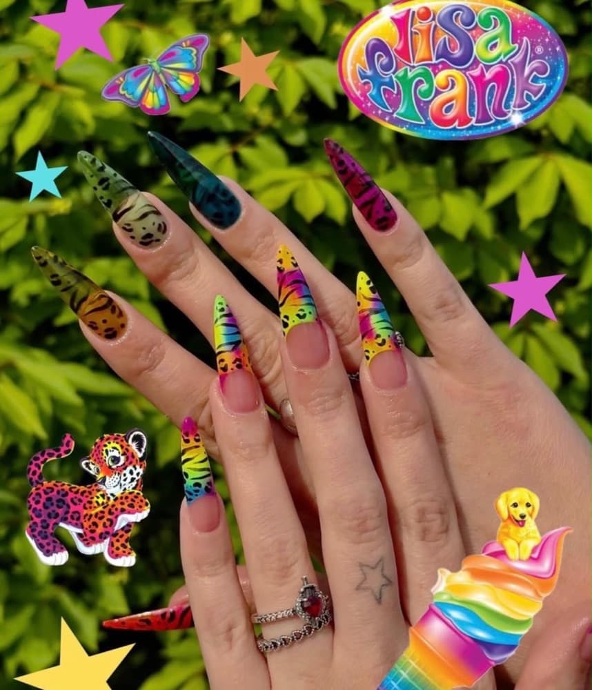Rainbow animal print stiletto nails by Gracie